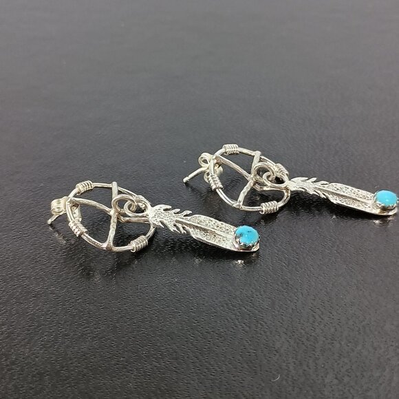Native America Navajo Sterling Silver Turquoise Post / Dangling Feather Earrings - Picture 3 of 7